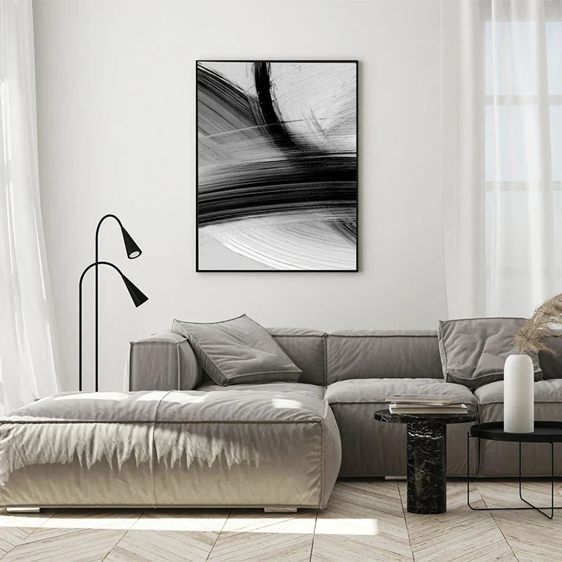 Flowing Brush Strokes Black White Abstract Canvas Wall Art Unframed