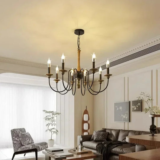 Nordic Retro Solid Wood &amp; Wrought Iron Candle Chandelier – Art Deco Pendant Light