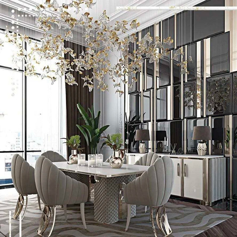 Modern Glass Leaf Pendant Chandelier – Clear &amp; Gold Suspension Light