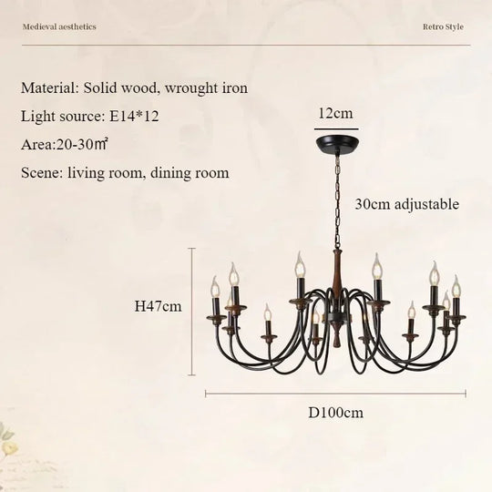 Nordic Retro Solid Wood &amp; Wrought Iron Candle Chandelier – Art Deco Pendant Light
