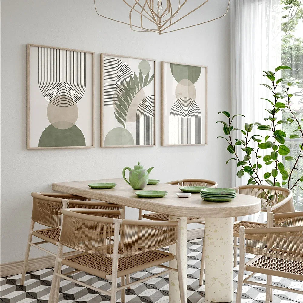 Set of 3 Abstract Geometric Botanical Canvas Wall Art