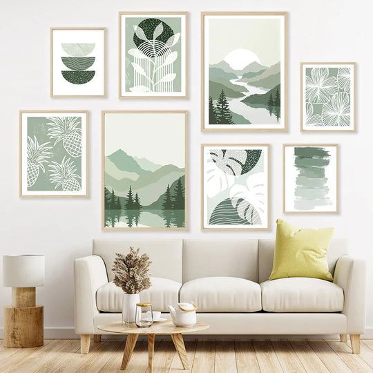 Simple Abstract Green Valley Leaf Line Art Canvas Wall Art