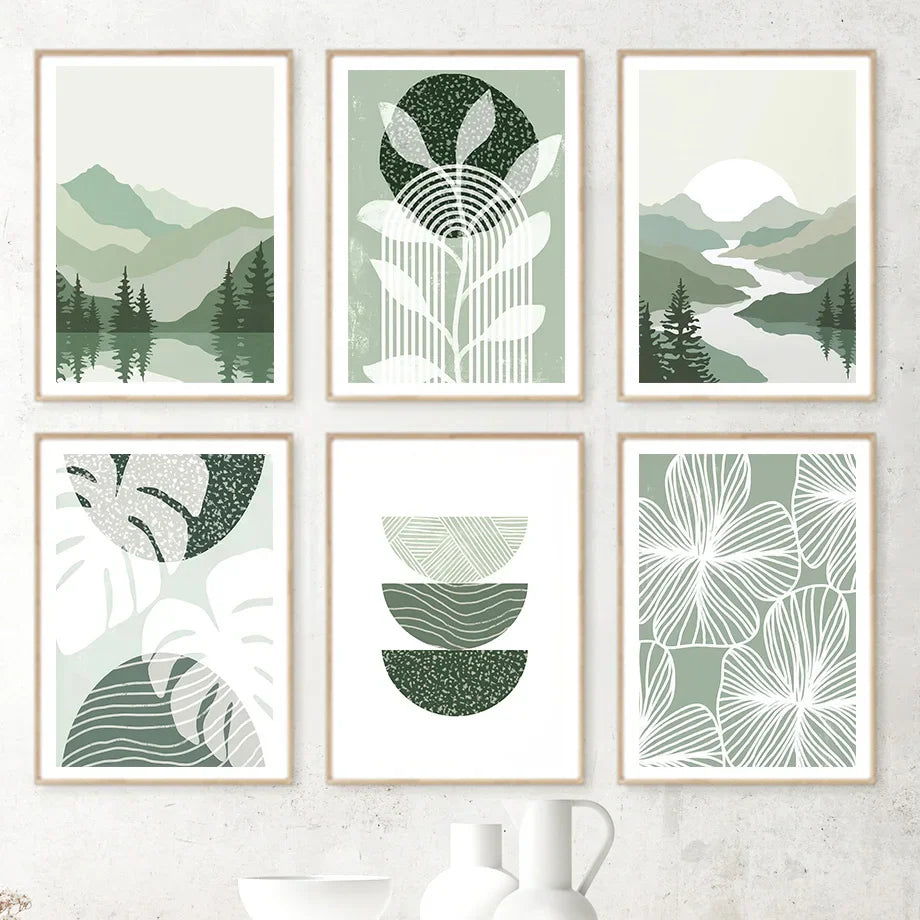 Simple Abstract Green Valley Leaf Line Art Canvas Wall Art