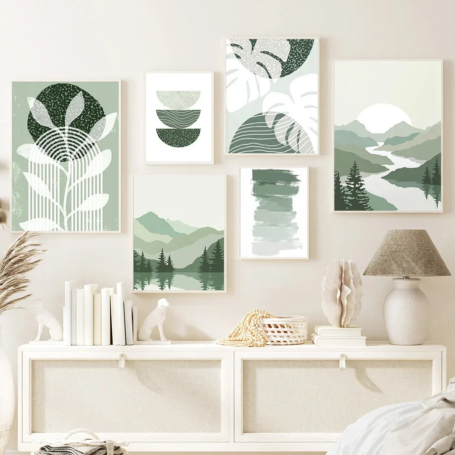 Simple Abstract Green Valley Leaf Line Art Canvas Wall Art