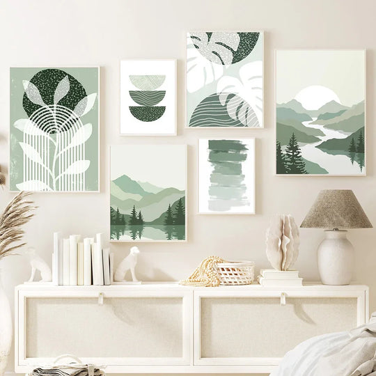Simple Abstract Green Valley Leaf Line Art Canvas Wall Art