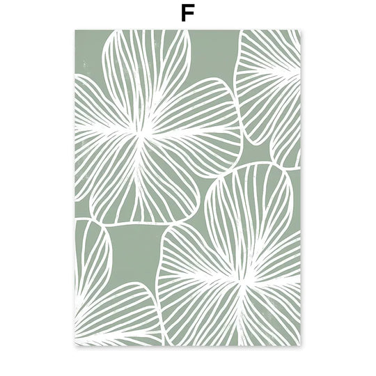 Simple Abstract Green Valley Leaf Line Art Canvas Wall Art