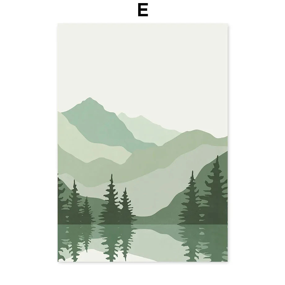 Simple Abstract Green Valley Leaf Line Art Canvas Wall Art