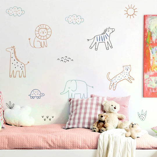 Simple Colorful Line Art Animal Wall Decals For Kids Room