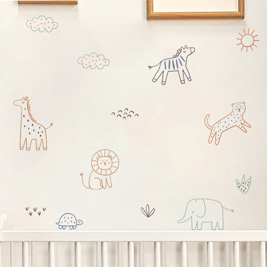 Simple Colorful Line Art Animal Wall Decals For Kids Room
