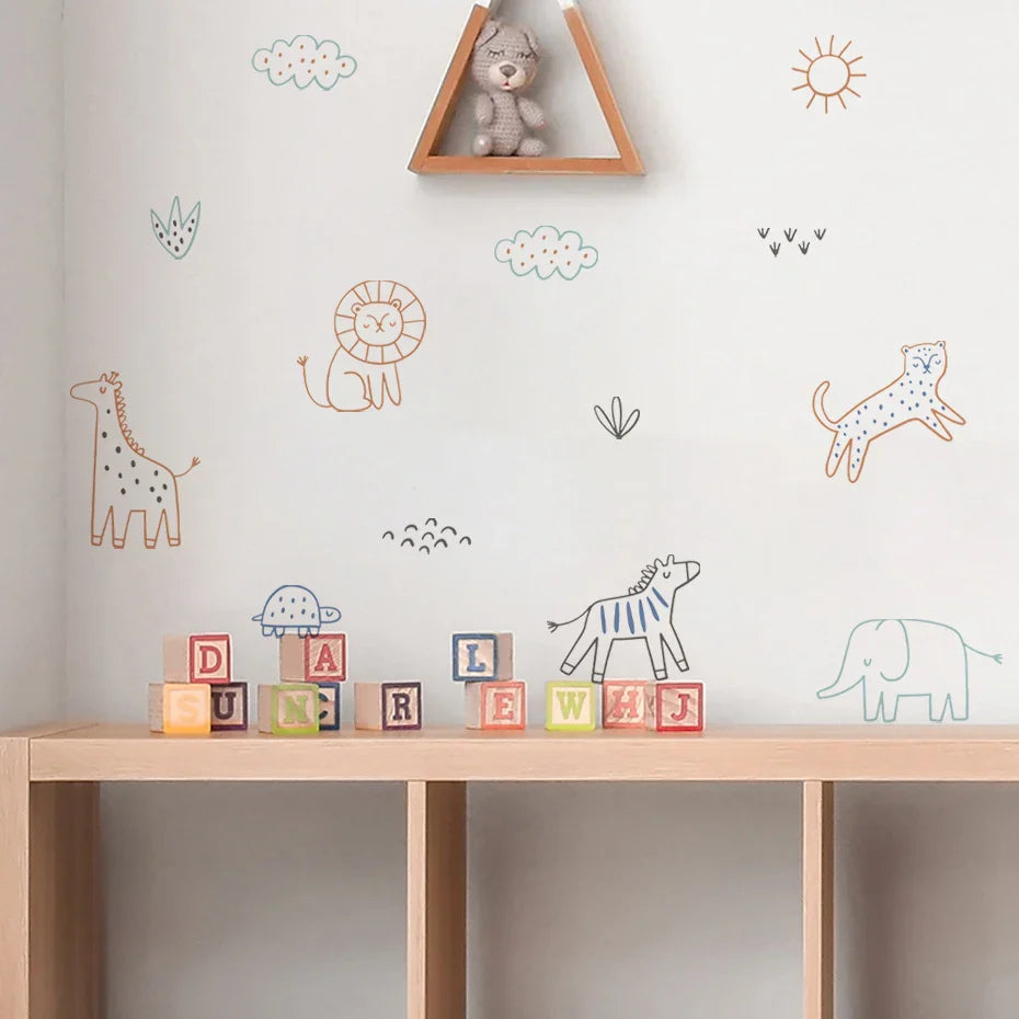Simple Colorful Line Art Animal Wall Decals For Kids Room