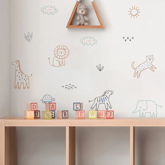 Simple Colorful Line Art Animal Wall Decals For Kids Room