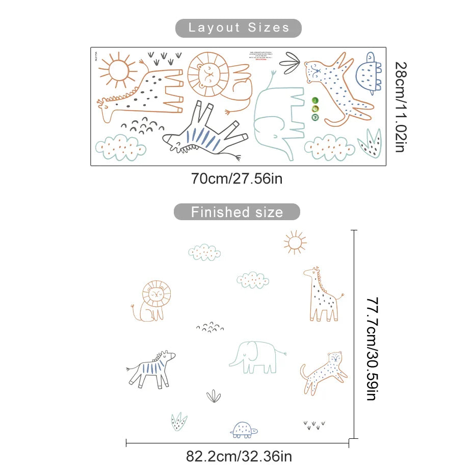Simple Colorful Line Art Animal Wall Decals For Kids Room