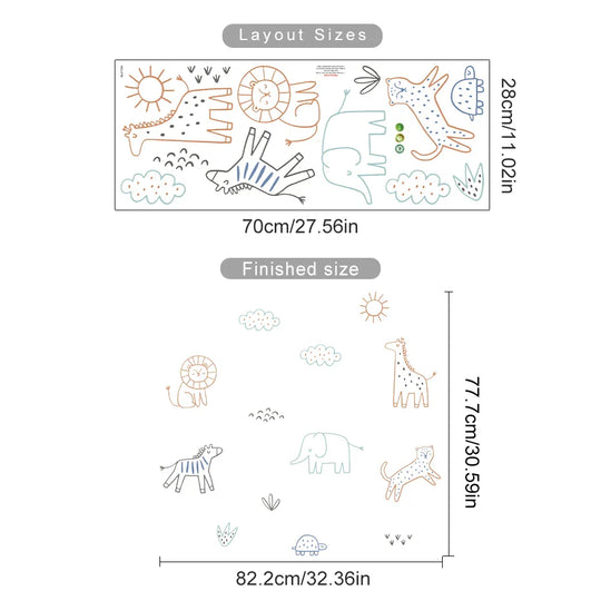 Simple Colorful Line Art Animal Wall Decals For Kids Room
