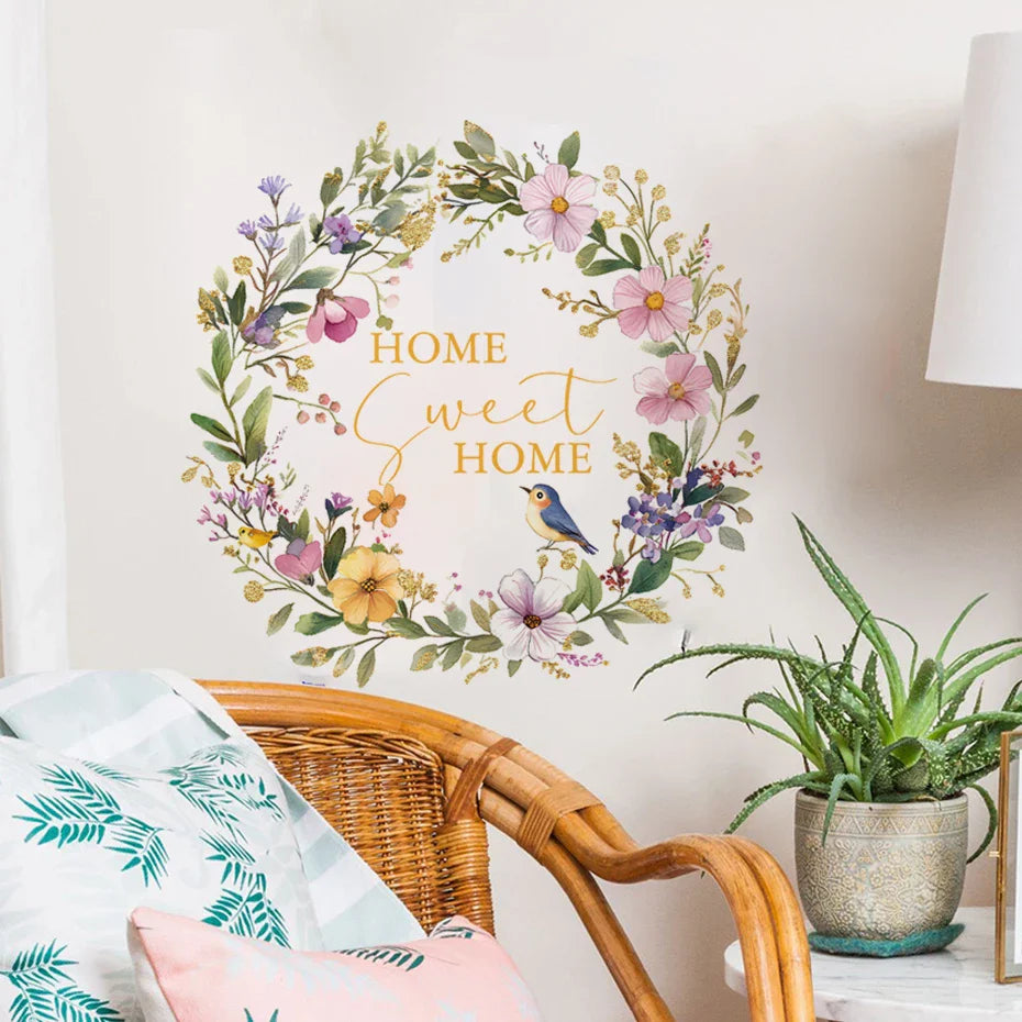 Soft Pastel Floral Bird Wreath Home Sweet Home Wall Decal