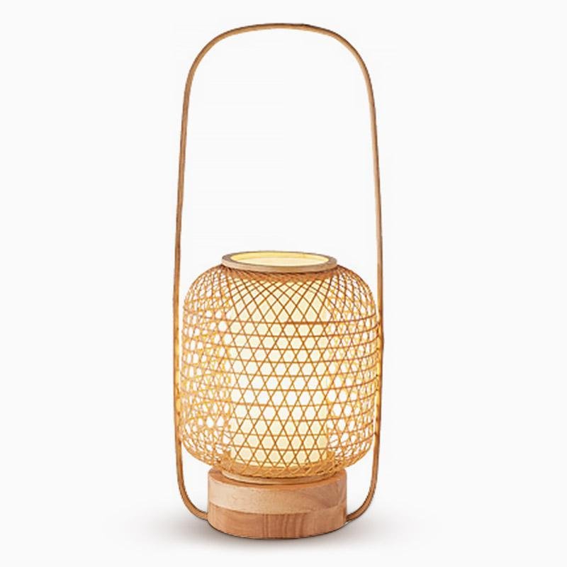 Rustic Woven Bamboo Table Lamp with Cylinder LED Light &amp; USB Port