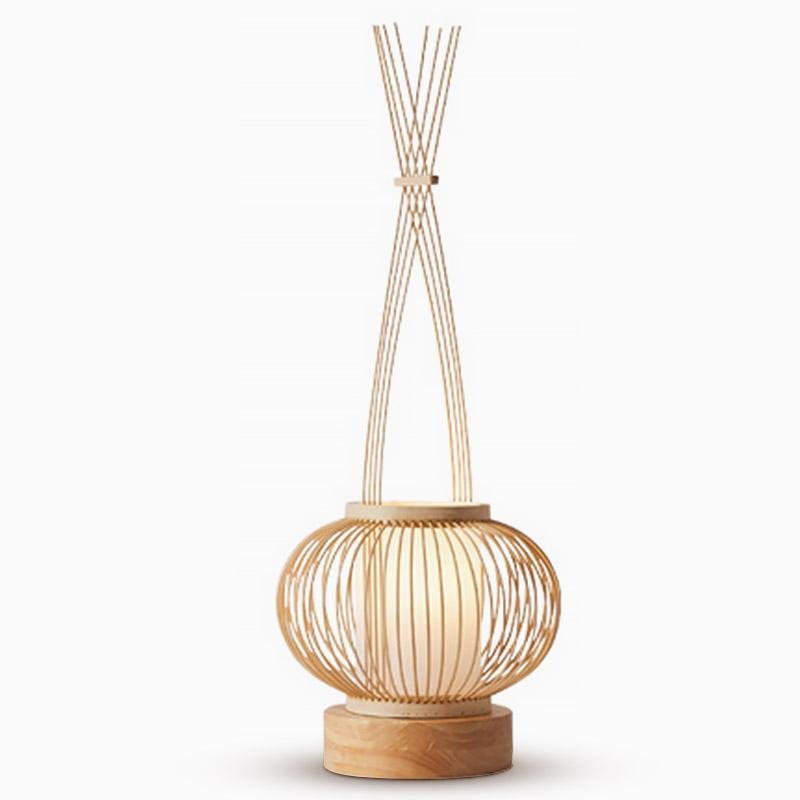 Rustic Woven Bamboo Table Lamp with Cylinder LED Light &amp; USB Port