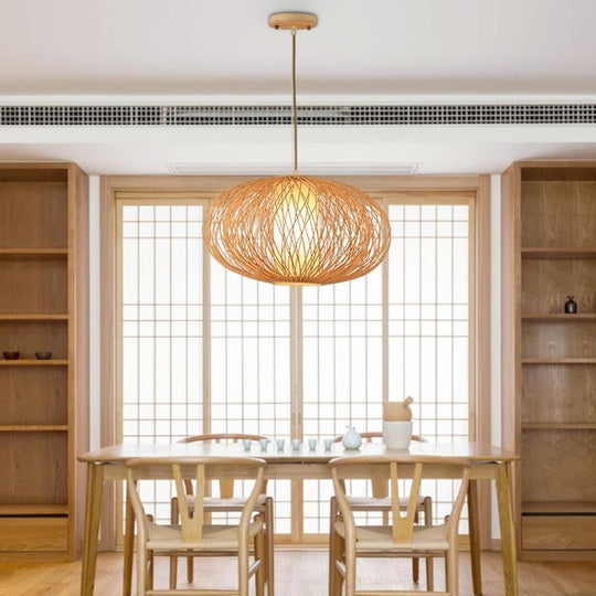 Rattan Globe Pendant Light Horizontally Oval Bamboo Woven Pendant Light