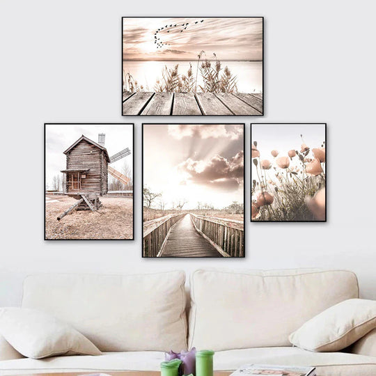 Tranquil Lake Pier Sunset Landscape Canvas Wall Art