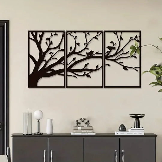 Set of 3 Tree of Life Birds Black Metal Wall Art Decor