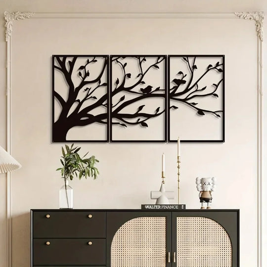 Set of 3 Tree of Life Birds Black Metal Wall Art Decor