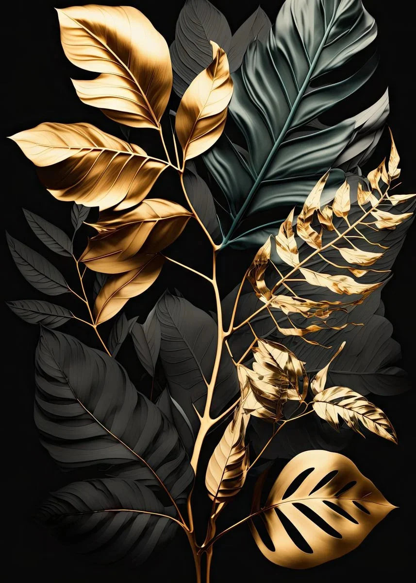 Black &amp; Gold Botanical Canvas Wall Art – Tropical Leaf Print (Unframed)