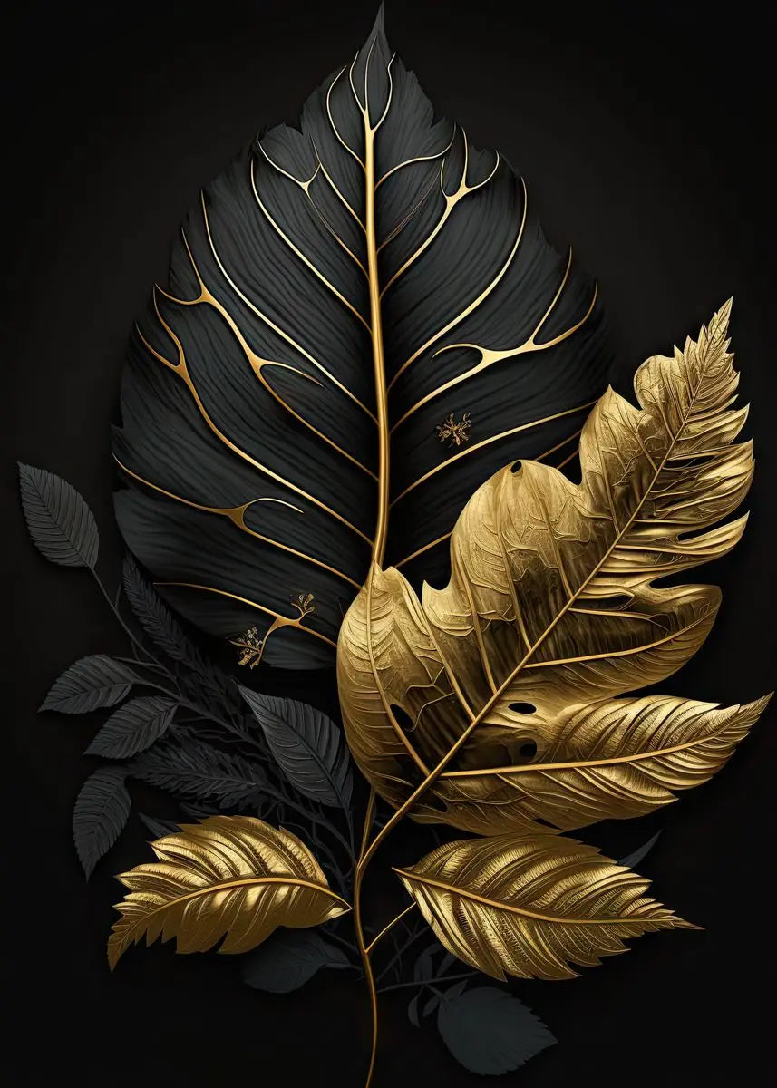 Black &amp; Gold Botanical Canvas Wall Art – Tropical Leaf Print (Unframed)