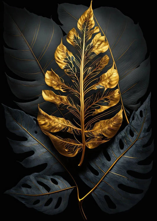 Black &amp; Gold Botanical Canvas Wall Art – Tropical Leaf Print (Unframed)