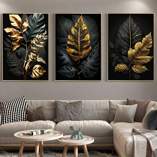 Black &amp; Gold Botanical Canvas Wall Art – Tropical Leaf Print (Unframed)