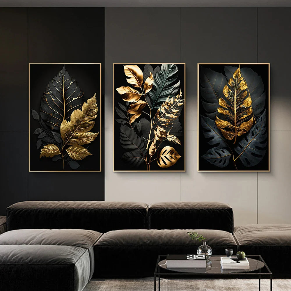 Black &amp; Gold Botanical Canvas Wall Art – Tropical Leaf Print (Unframed)