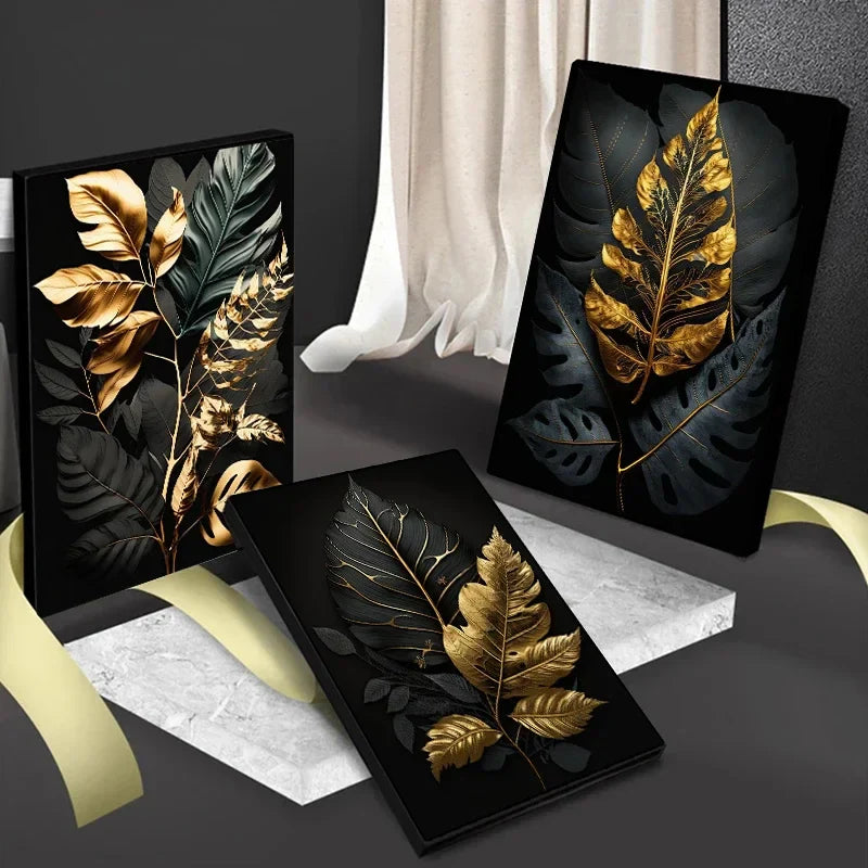 Tropical Botanical Black Golden Leaf Canvas Wall Art