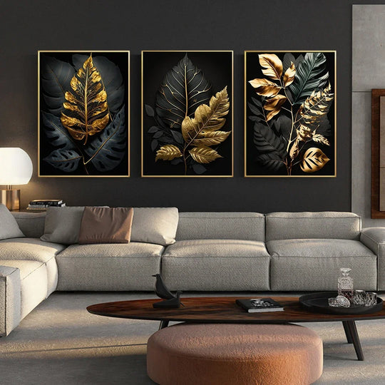 Black &amp; Gold Botanical Canvas Wall Art – Tropical Leaf Print (Unframed)
