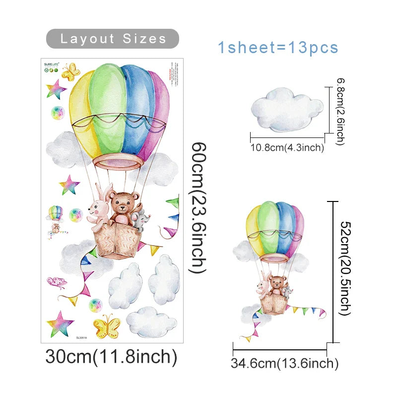 Up &amp; Away Hot Air Balloon Baby Animal Wall Decals
