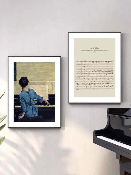 Vintage Style Woman Playing Piano Canvas Wall Art Unframed