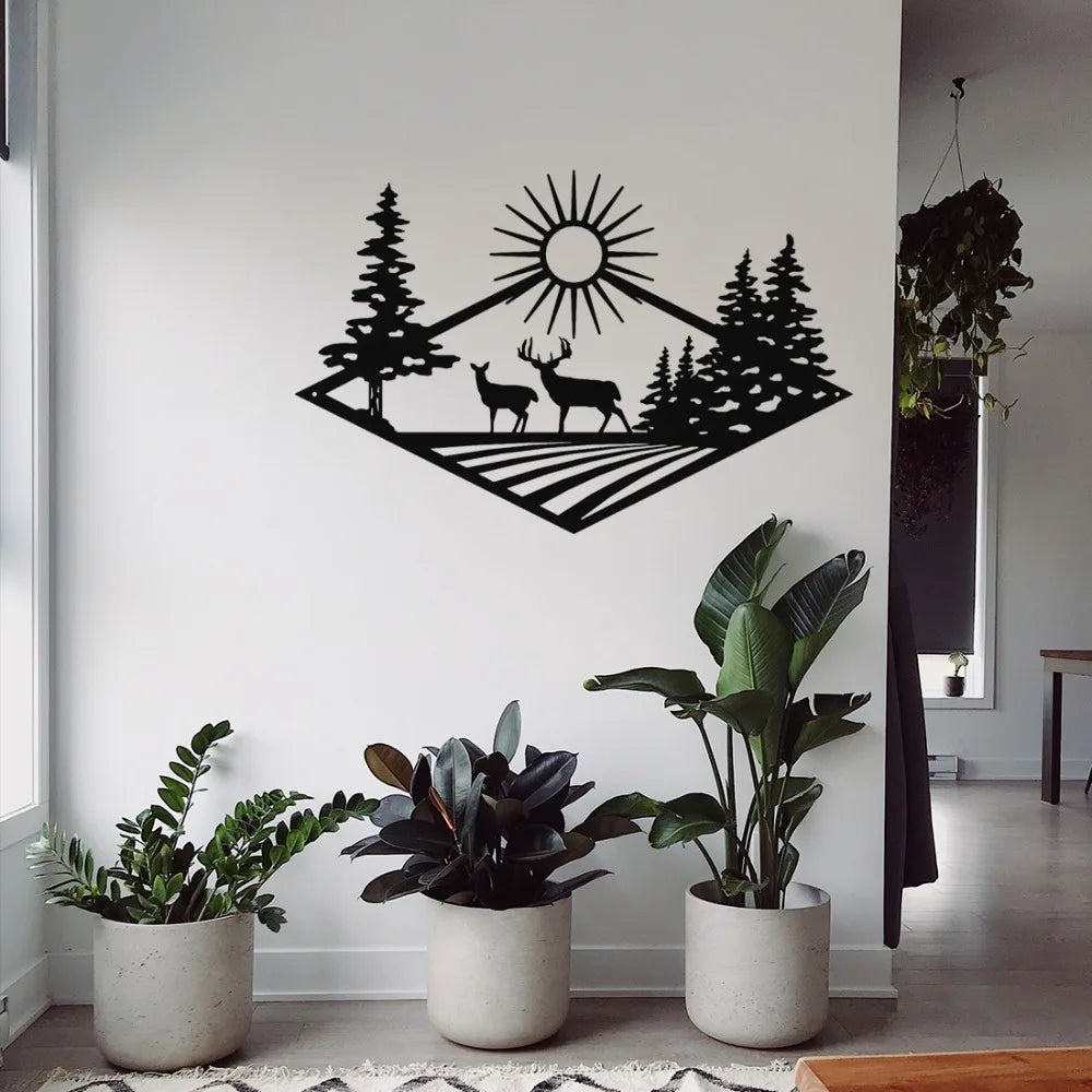 Wild Forest Deer Black Metal Wall Art Decor