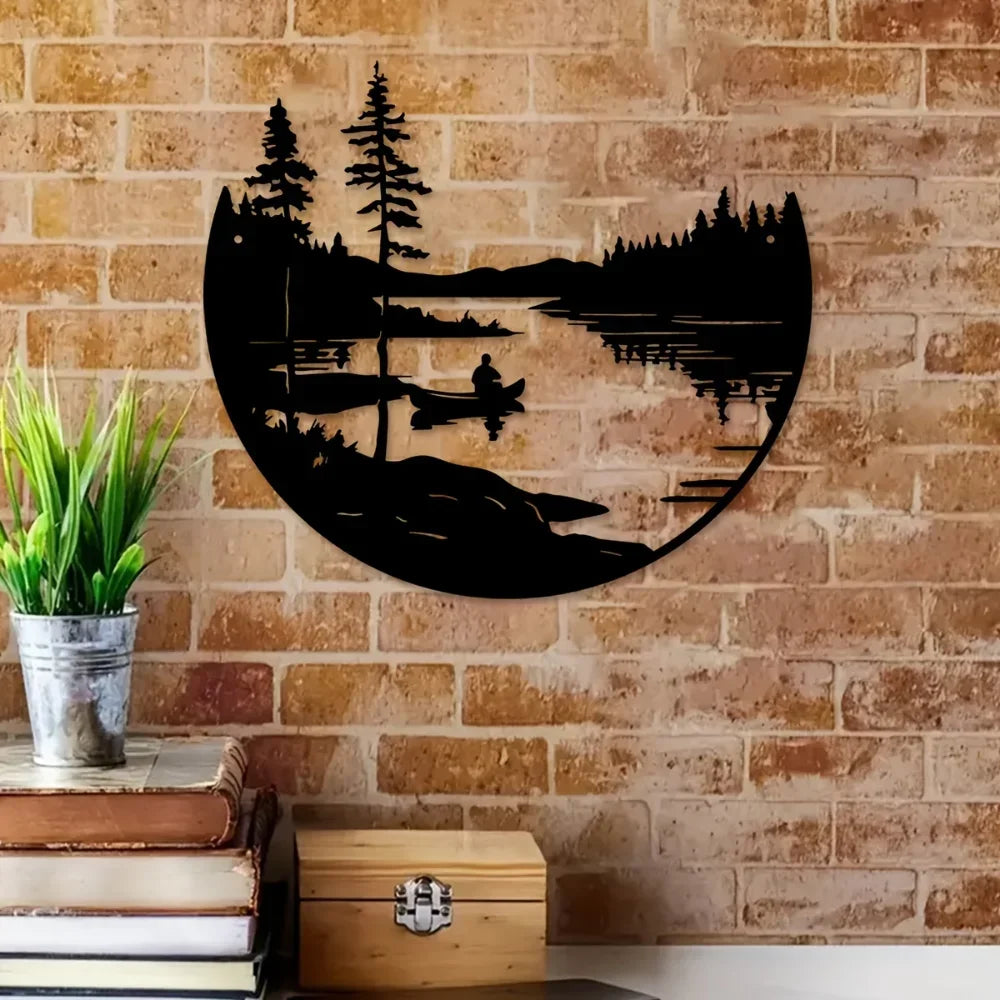 Wilderness Lake Forest Silhouette Black Metal Wall Art Decor