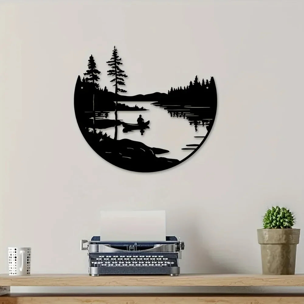 Wilderness Lake Forest Silhouette Black Metal Wall Art Decor