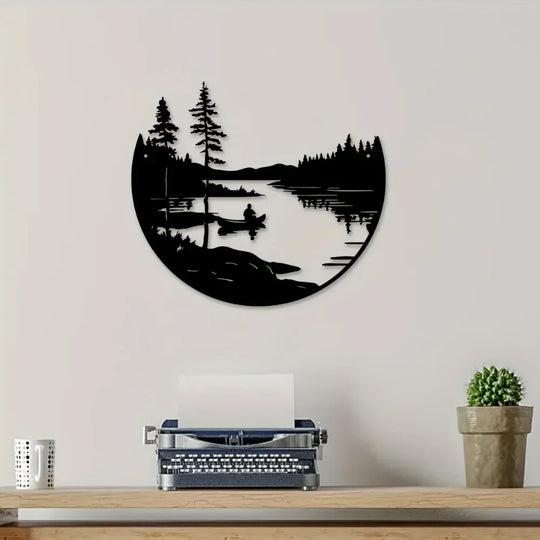 Wilderness Lake Forest Silhouette Black Metal Wall Art Decor