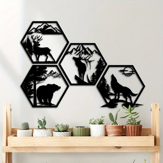 Set of 4 Wildlife Hex Black Metal Wall Art Decor