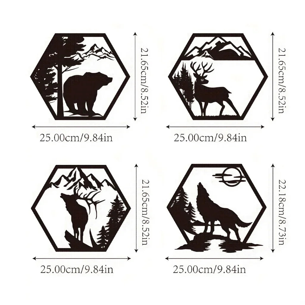 Set of 4 Wildlife Hex Black Metal Wall Art Decor