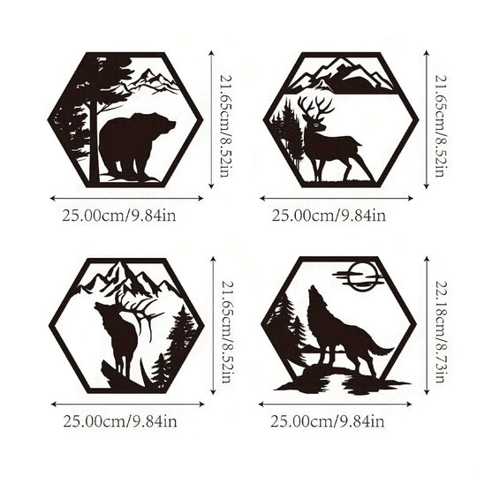 Set of 4 Wildlife Hex Black Metal Wall Art Decor