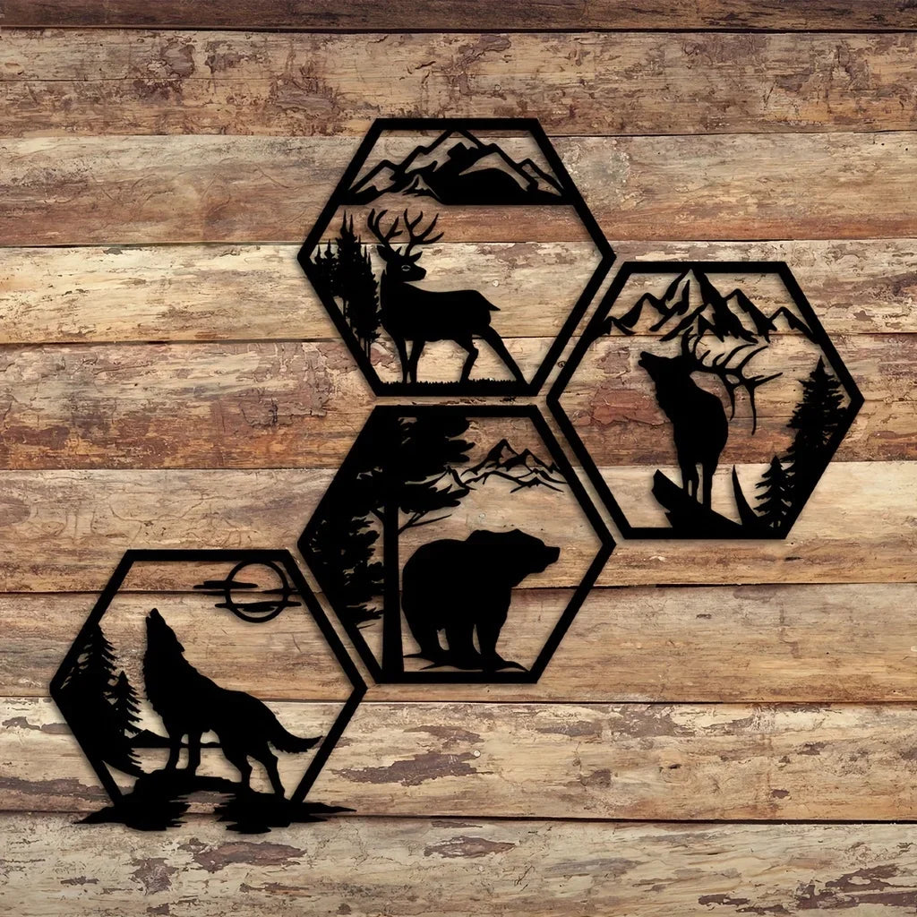 Set of 4 Wildlife Hex Black Metal Wall Art Decor