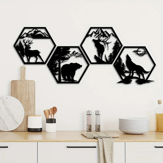 Set of 4 Wildlife Hex Black Metal Wall Art Decor