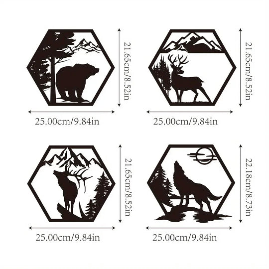 Set of 4 Wildlife Hex Black Metal Wall Art Decor