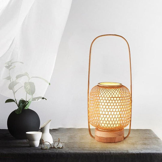 Rustic Woven Bamboo Table Lamp with Cylinder LED Light &amp; USB Port