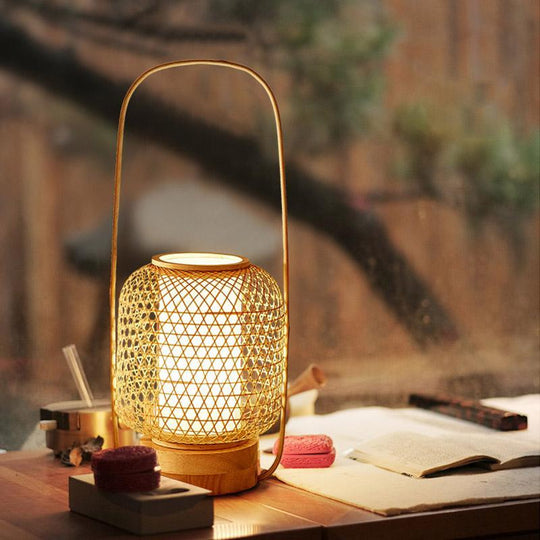 Rustic Woven Bamboo Table Lamp with Cylinder LED Light &amp; USB Port