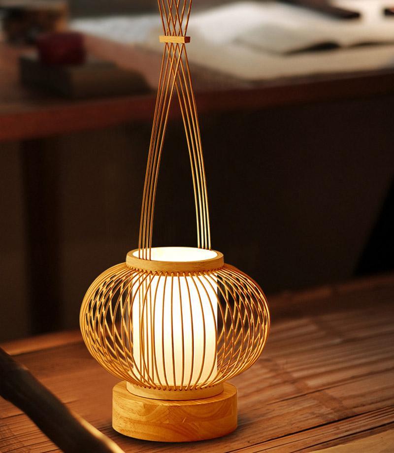 Rustic Woven Bamboo Table Lamp with Cylinder LED Light &amp; USB Port