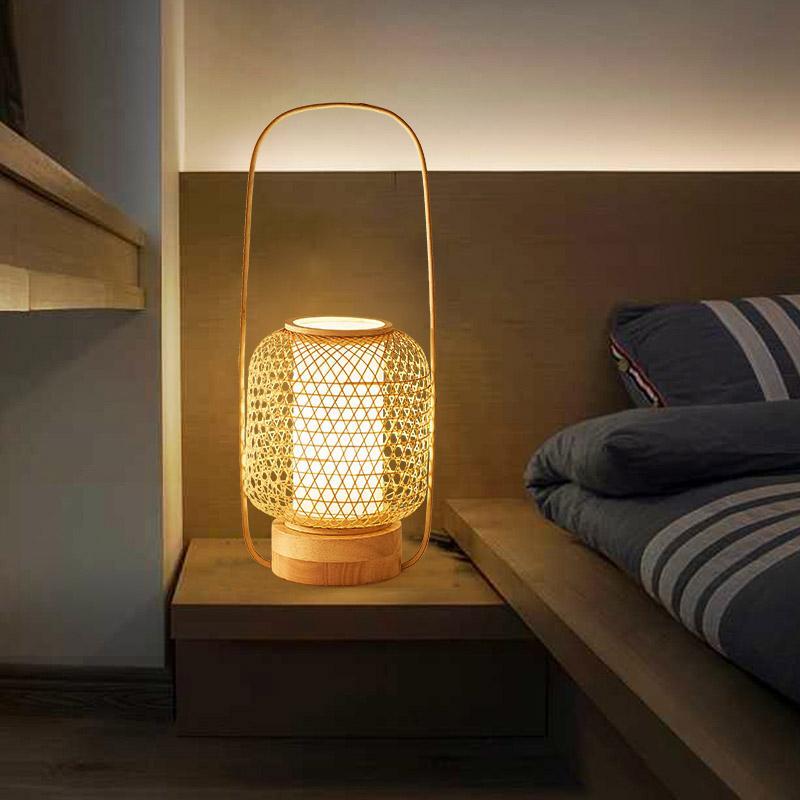 Rustic Woven Bamboo Table Lamp with Cylinder LED Light &amp; USB Port