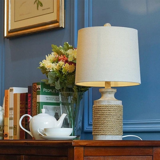 Rustic Oatmeal Fabric Shade Rope Stone Table Lamp