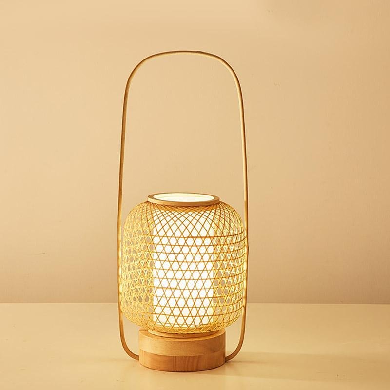 Rustic Woven Bamboo Table Lamp with Cylinder LED Light &amp; USB Port