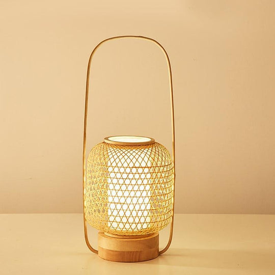 Rustic Woven Bamboo Table Lamp with Cylinder LED Light &amp; USB Port